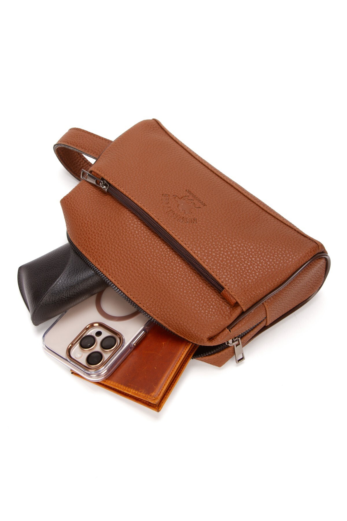 Newish Polo Erkek Vegan Deri Taba Portföy Clutch Traş Kozmetik Bakım Ve Günlük El Çantası görsel 3