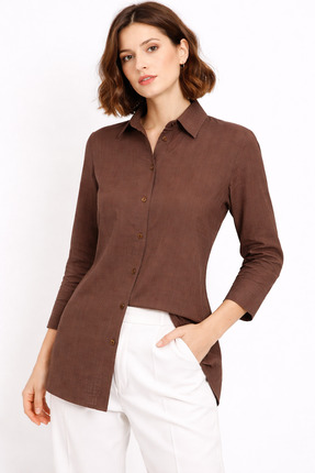 Nuevo Kadın Kahverengi Keten Gömlek | Fit Kesim, Uzun Kollu, Düğmeli, Günlük ...