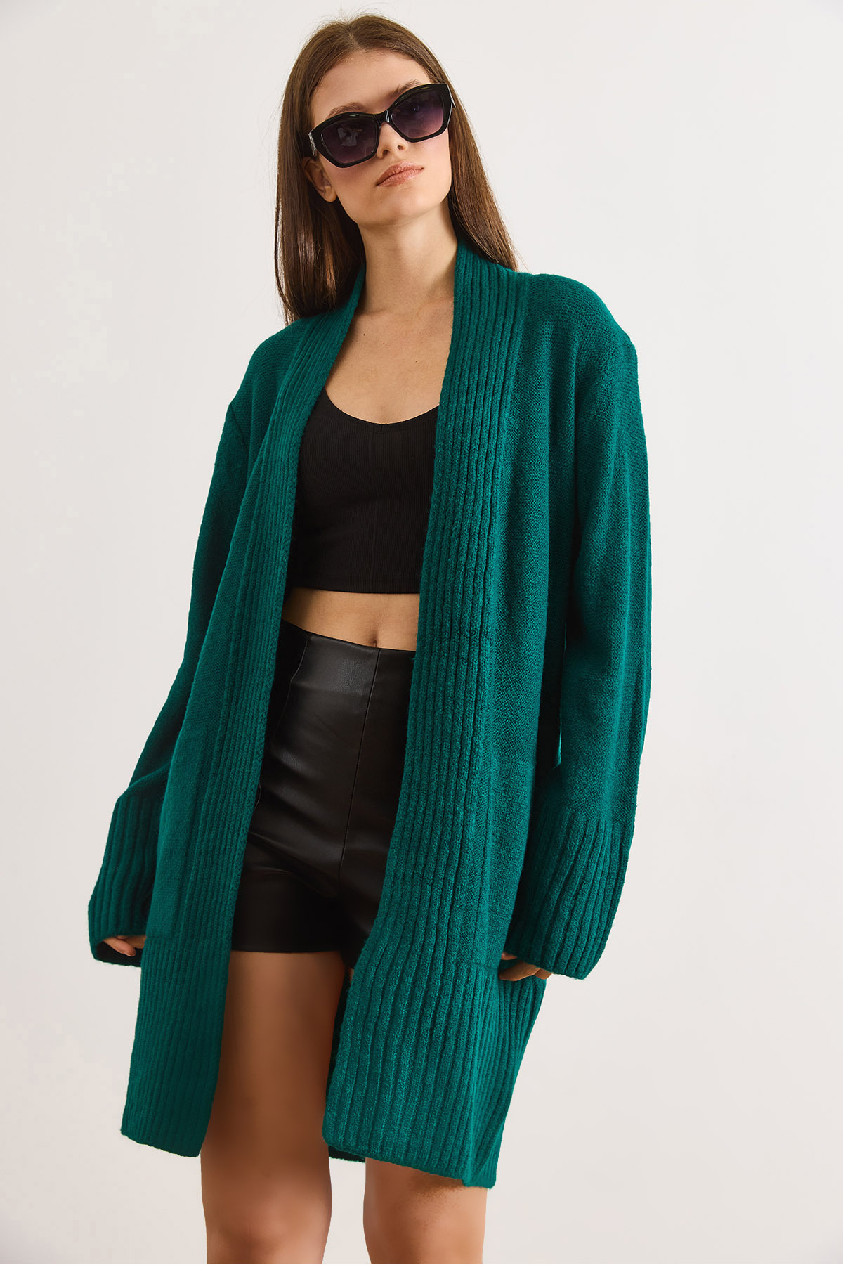 Women's Petroleum Green Pocket Collar Detailed Soft Textured Knitwear CardiganHRK-19000322