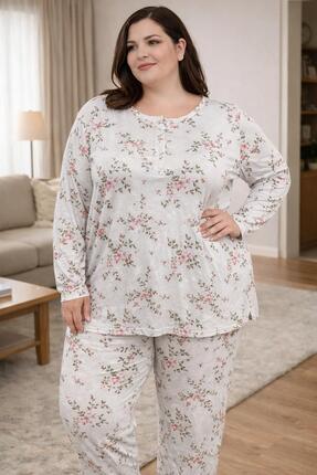Hukateks Battal Beden Desenli Düğmeli Kadın Pijama Takımı / Büyük Beden