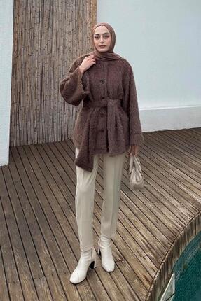 Lamelif Sakal Kumaş Atkılı Kaban Soft Kahve