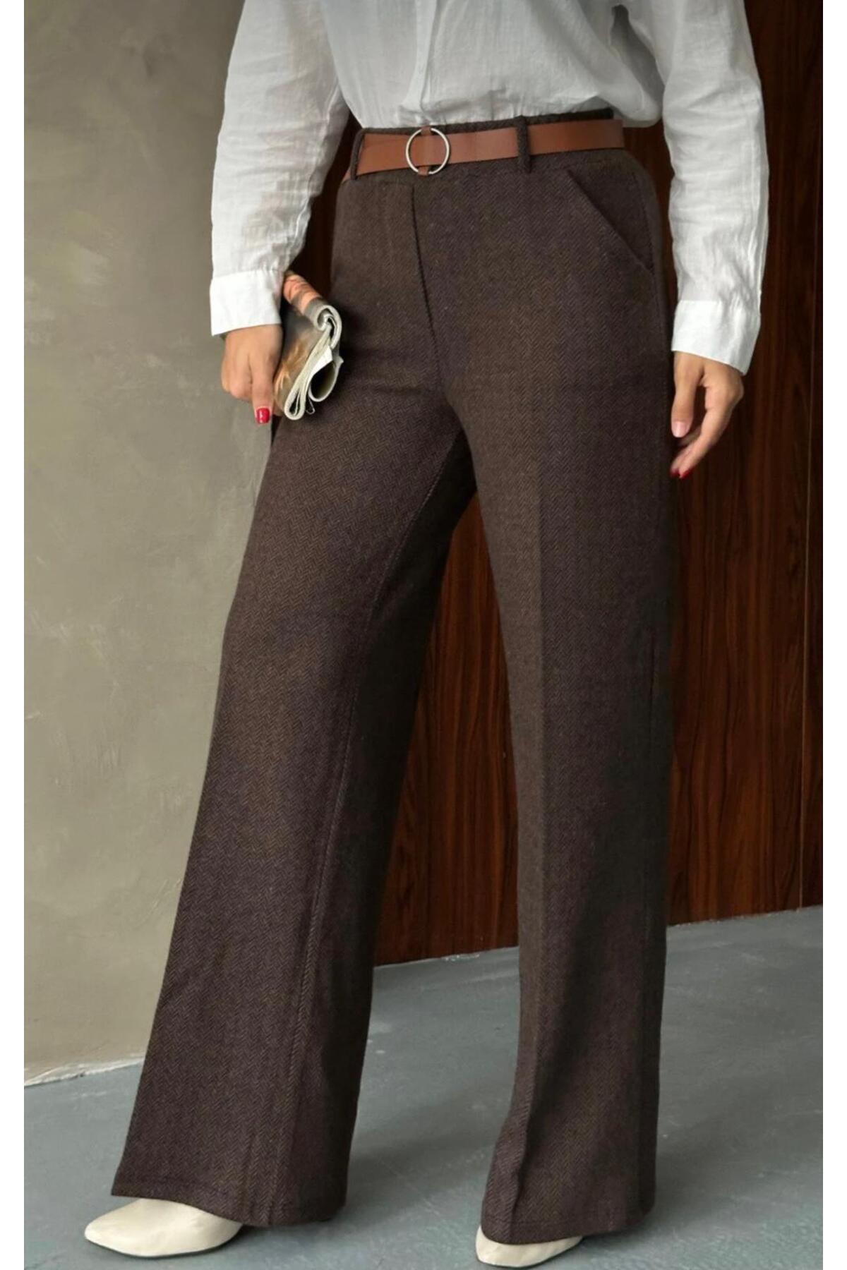 mor butik Γυναικείο υφασμάτινο παντελόνι γραφείου με φαρδύ πόδι, σκούρο καφέ,...