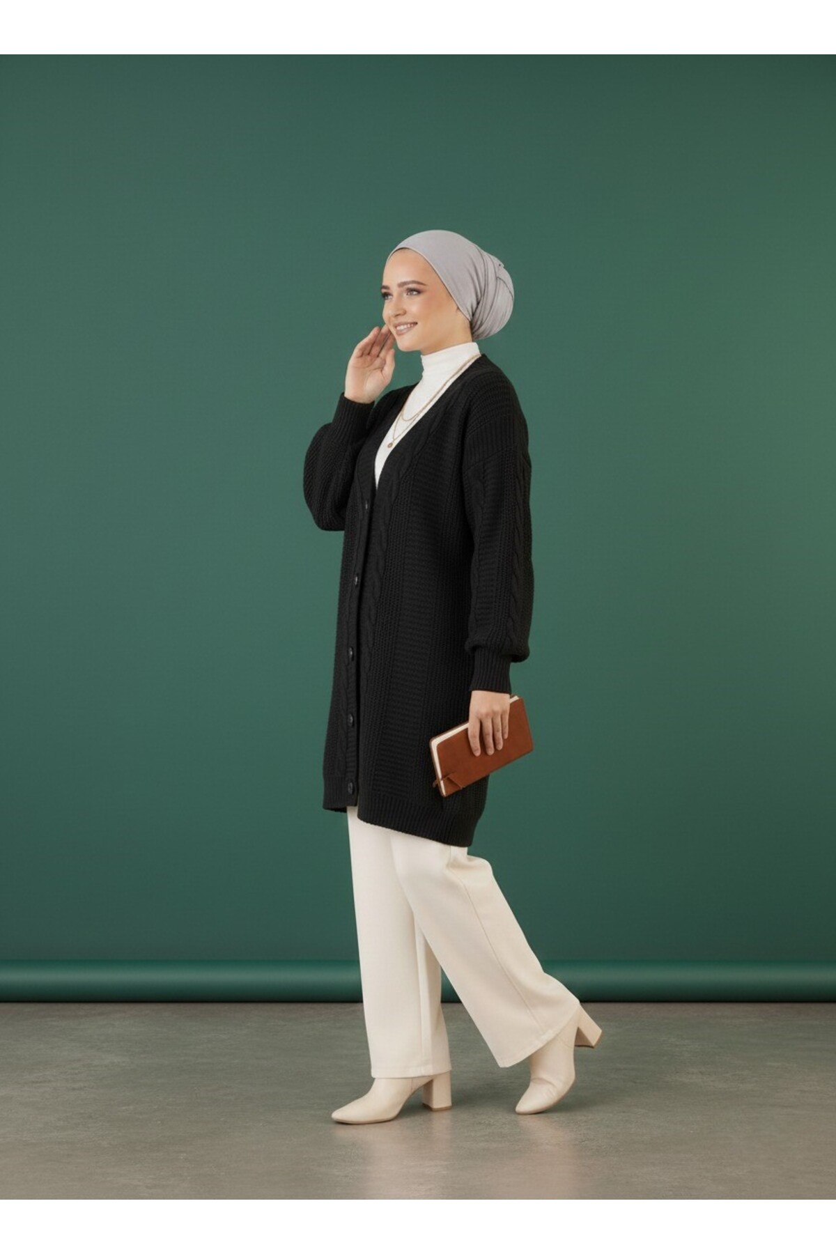 BUWOM  Kadın Tesettür Uzun Hırka Soft Düğmeli Pamuklu - Görsel 3