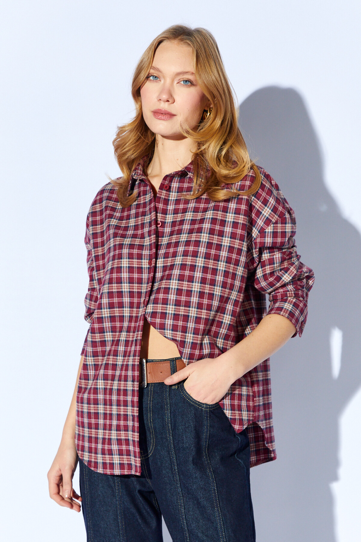 Bordo Ekose Desenli Oversize Gömlek | MKS1610714-1