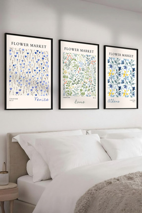 Yoko Home Ahşap Çerçeveli 3’lü Tablo Seti, Flower Market Şehir Serisi Dekorat...
