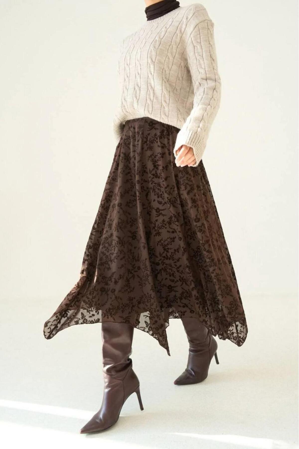 Rora  Tül Detaylı Asimetrik Astarlı Uzun Etek - Görsel 5