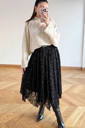 Rora Tül Detaylı Asimetrik Astarlı Uzun Etek