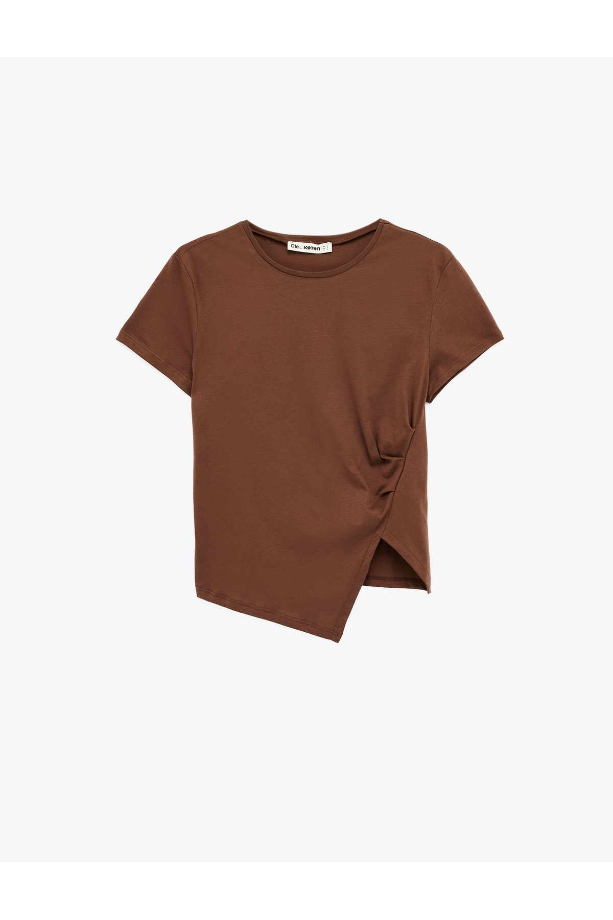 Koton Ön Yırtmaç Detaylı Kahverengi Kadın T-Shirt 6SAL10129IK görsel 3