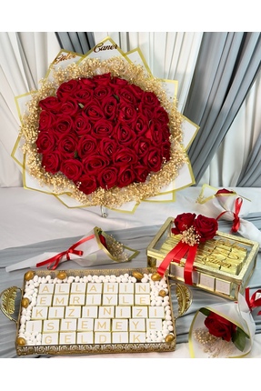 CyzHome 41’li Kızİsteme Çiçeği ve 150 Adet Söz Çikolatası, Nişan Çikolatası,3...