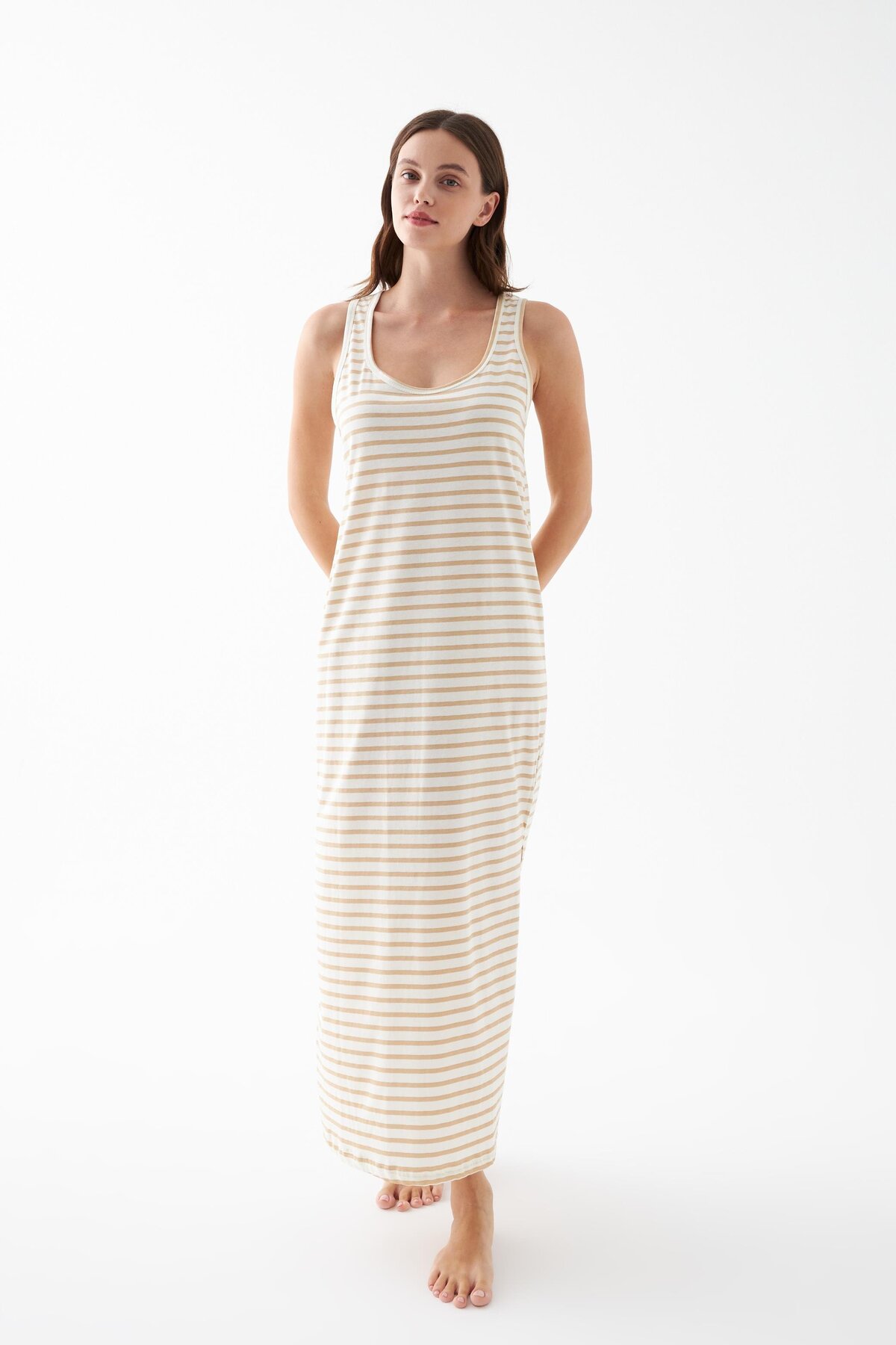 Akbeniz Kadın Sarı Çizgili Askılı Uzun Gecelik