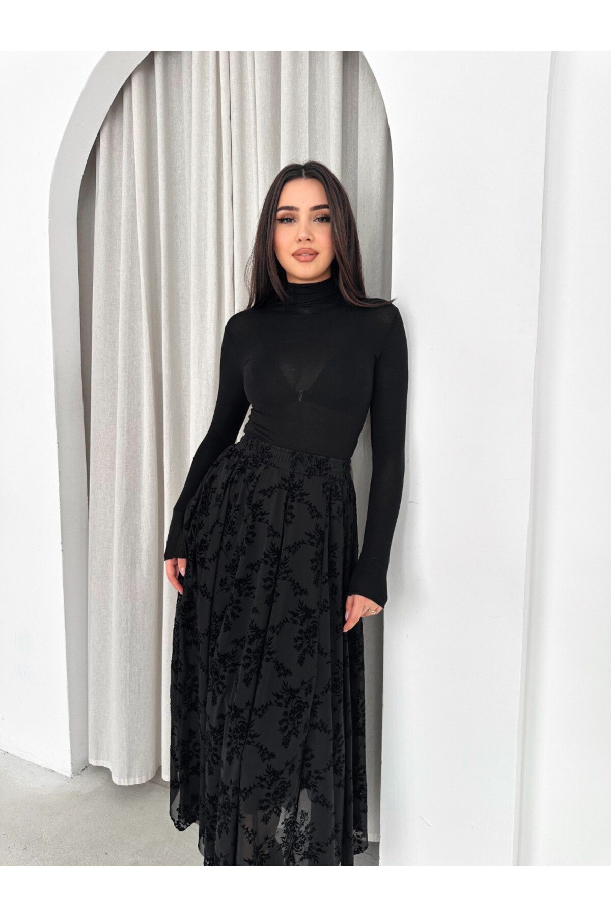 MİSPİER  Asimetrik kesim Flok Baskılı Tüllü Astarlı Etek - Görsel 9