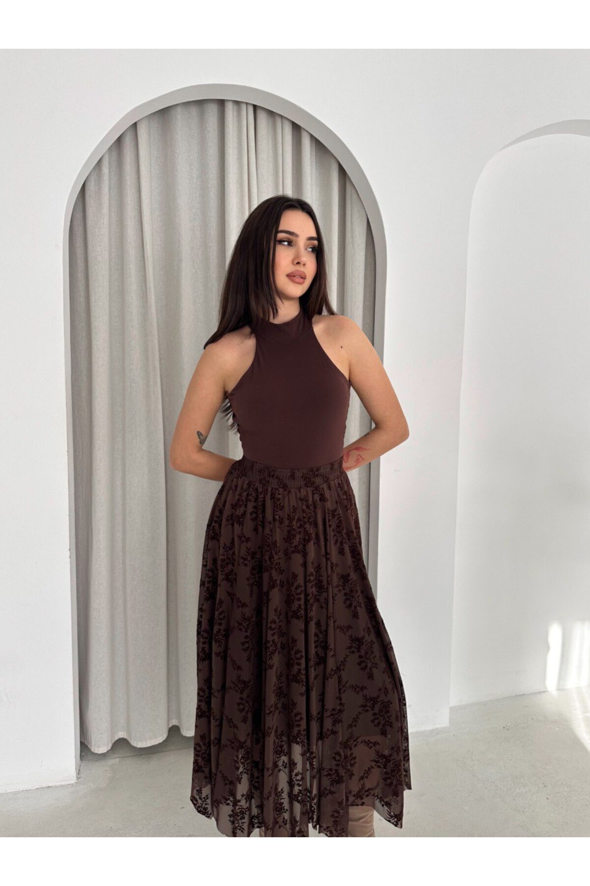 MİSPİER  Asimetrik kesim Flok Baskılı Tüllü Astarlı Etek - Görsel 9