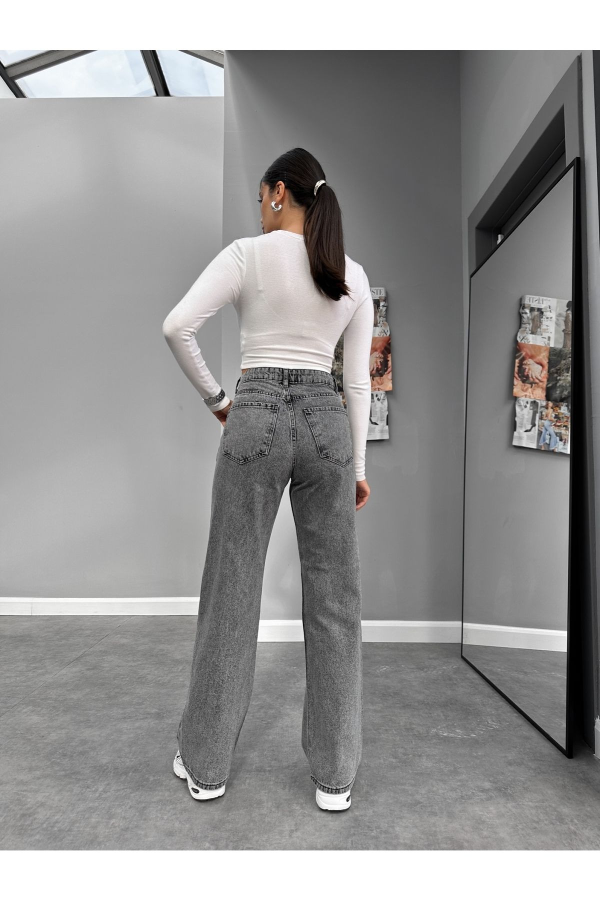 mooishan Evelin Füme Yüksek Bel Palazzo Jeans,Likralı Bol Paça Salaş Kot PantolonDK-3 görsel 3