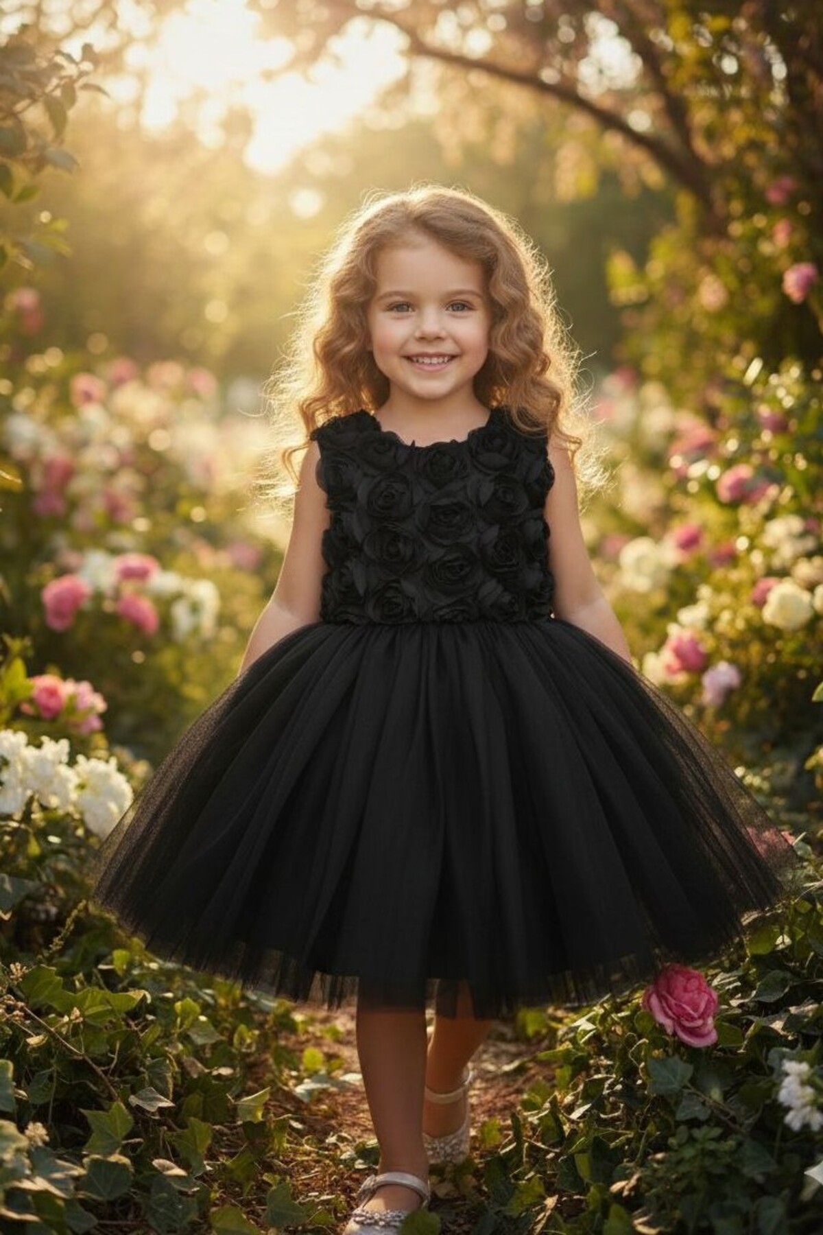 3D Gül Kabartmalı Tüllü Siyah Çocuk Abiye 2/12 yaş arası abiye ABY244