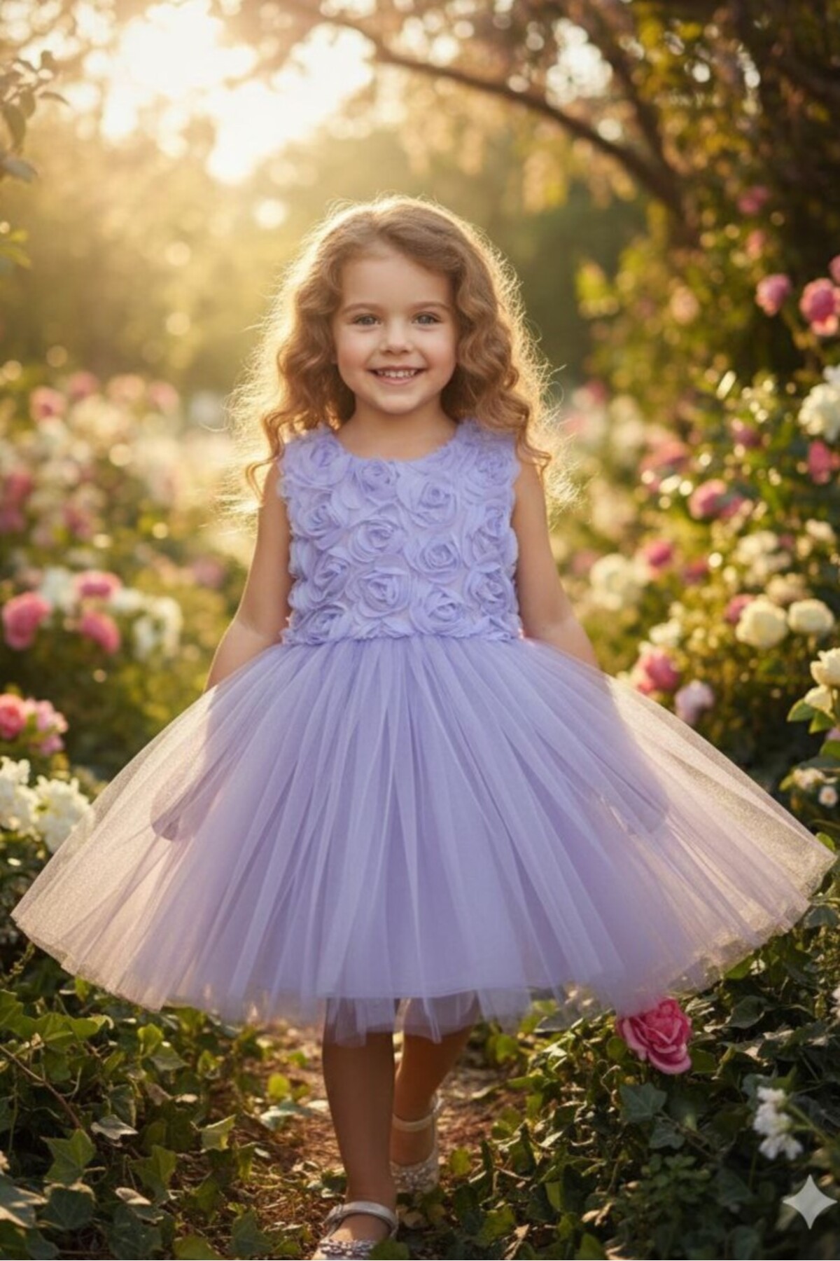 3D Gül Kabartmalı Tüllü Lila Çocuk Abiye 2/12 yaş arası abiye ABY244