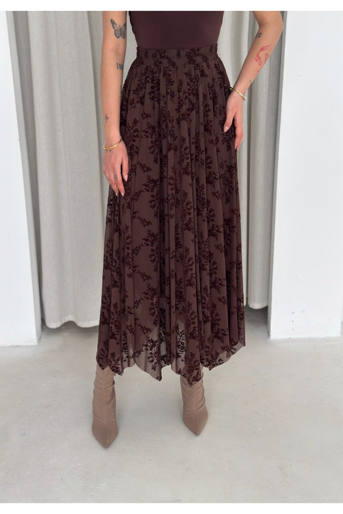 MİSPİER  Asimetrik kesim Flok Baskılı Tüllü Astarlı Etek - Görsel 7