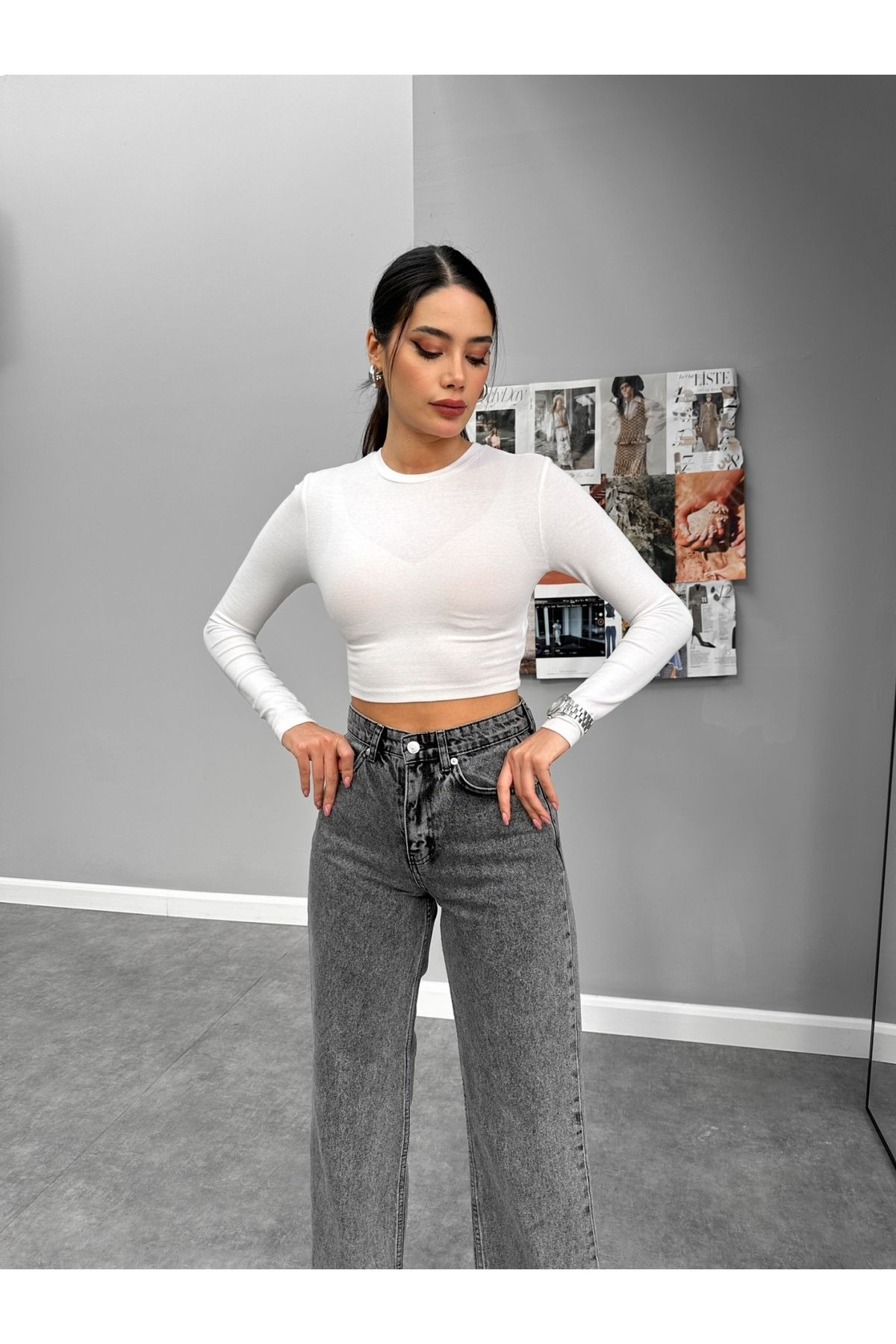 mooishan Evelin Füme Yüksek Bel Palazzo Jeans,Likralı Bol Paça Salaş Kot PantolonDK-3 görsel 4