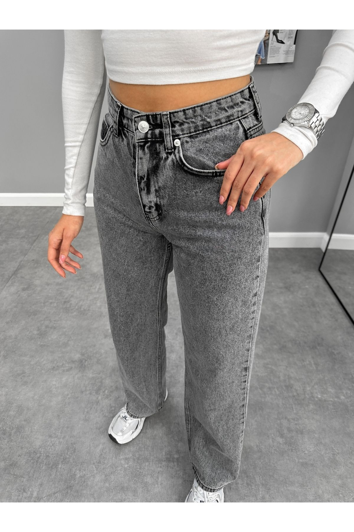 mooishan Evelin Füme Yüksek Bel Palazzo Jeans,Likralı Bol Paça Salaş Kot PantolonDK-3 görsel 2