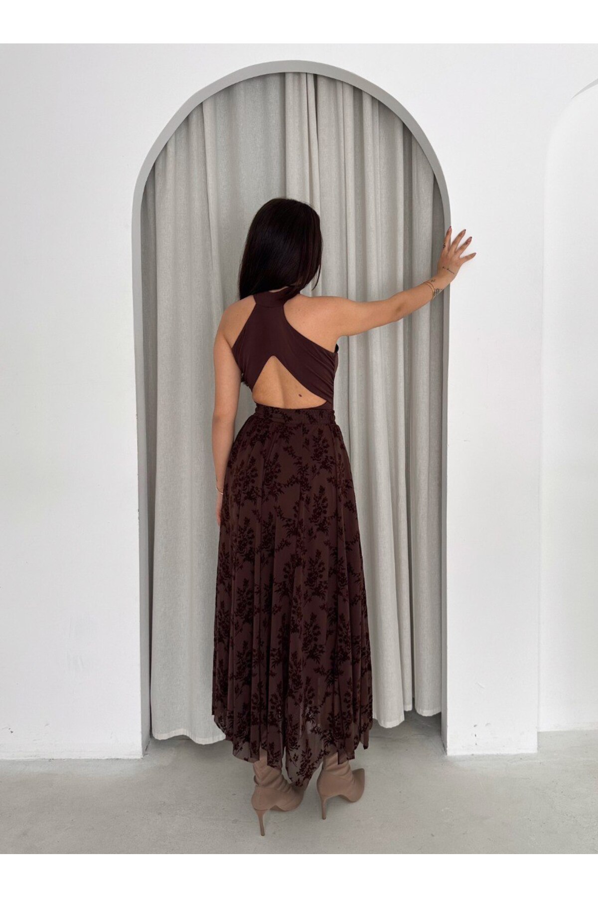 MİSPİER  Asimetrik kesim Flok Baskılı Tüllü Astarlı Etek - Görsel 5