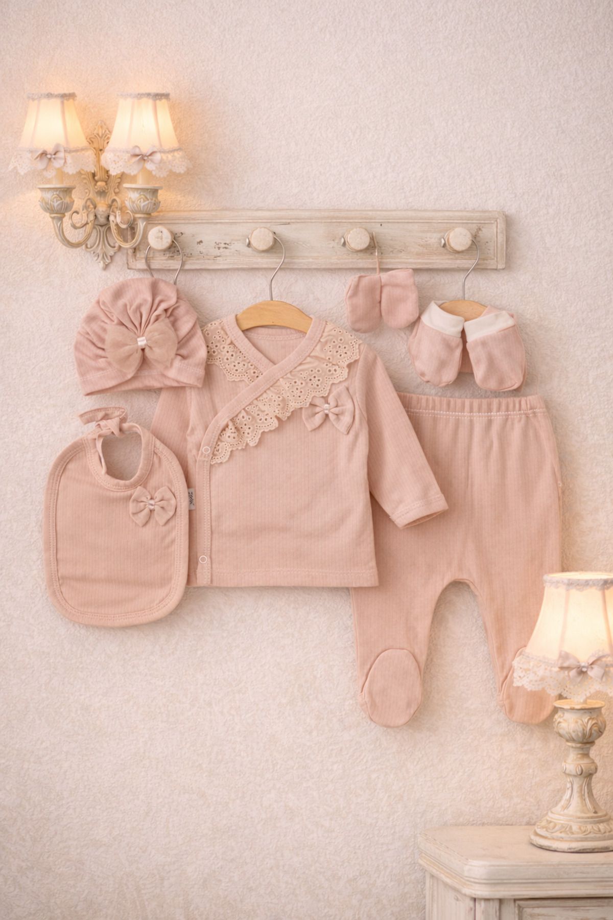 Arin Baby 5 'Lİ FİYONKLU FİSTOLU %100 PAMUK YENİ DOĞAN KIZ BEBEK HASTANE ÇIKIŞ SETİ/KIZ BEBEK ZIBIN SET fotoğrafı 2 (önizleme)