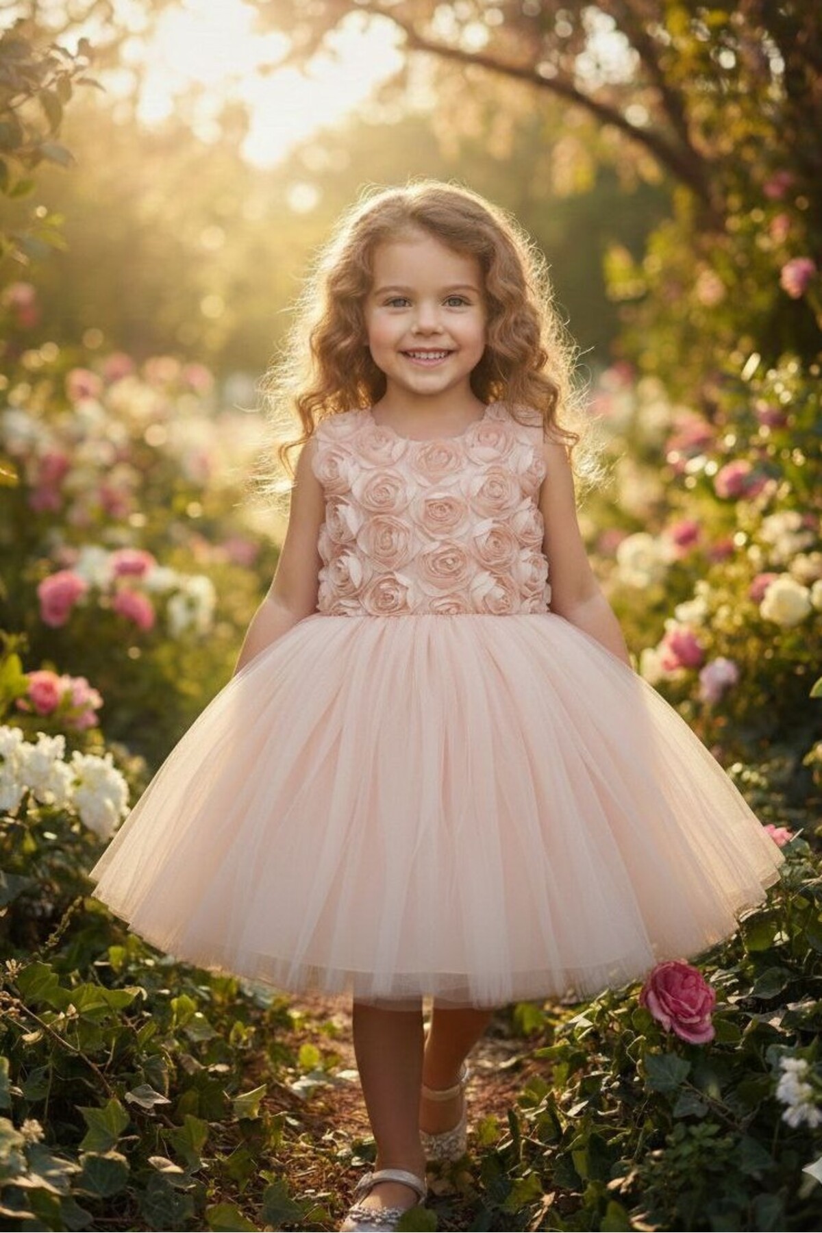 3D Gül Kabartmalı Tüllü Somon Çocuk Abiye 2/12 yaş arası abiye ABY244