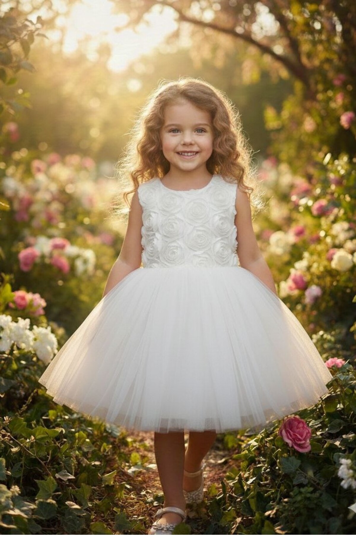 3D Gül Kabartmalı Tüllü Çocuk Beyaz Abiye 2/12 yaş arası abiye ABY244
