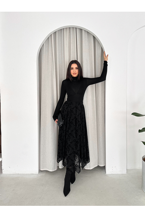 MAİMODA Tesettür Asimetrik Flok Baskılı Tül Etek