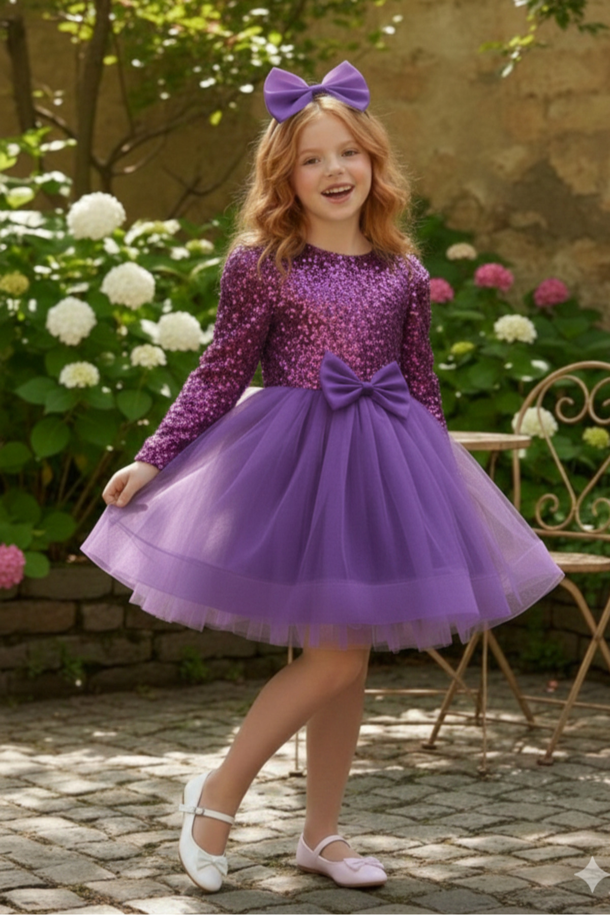 Kadife Payetli Uzun Kollu Kabarık Mor Çocuk Abiye 2/12 yaş arası abiye ABY245