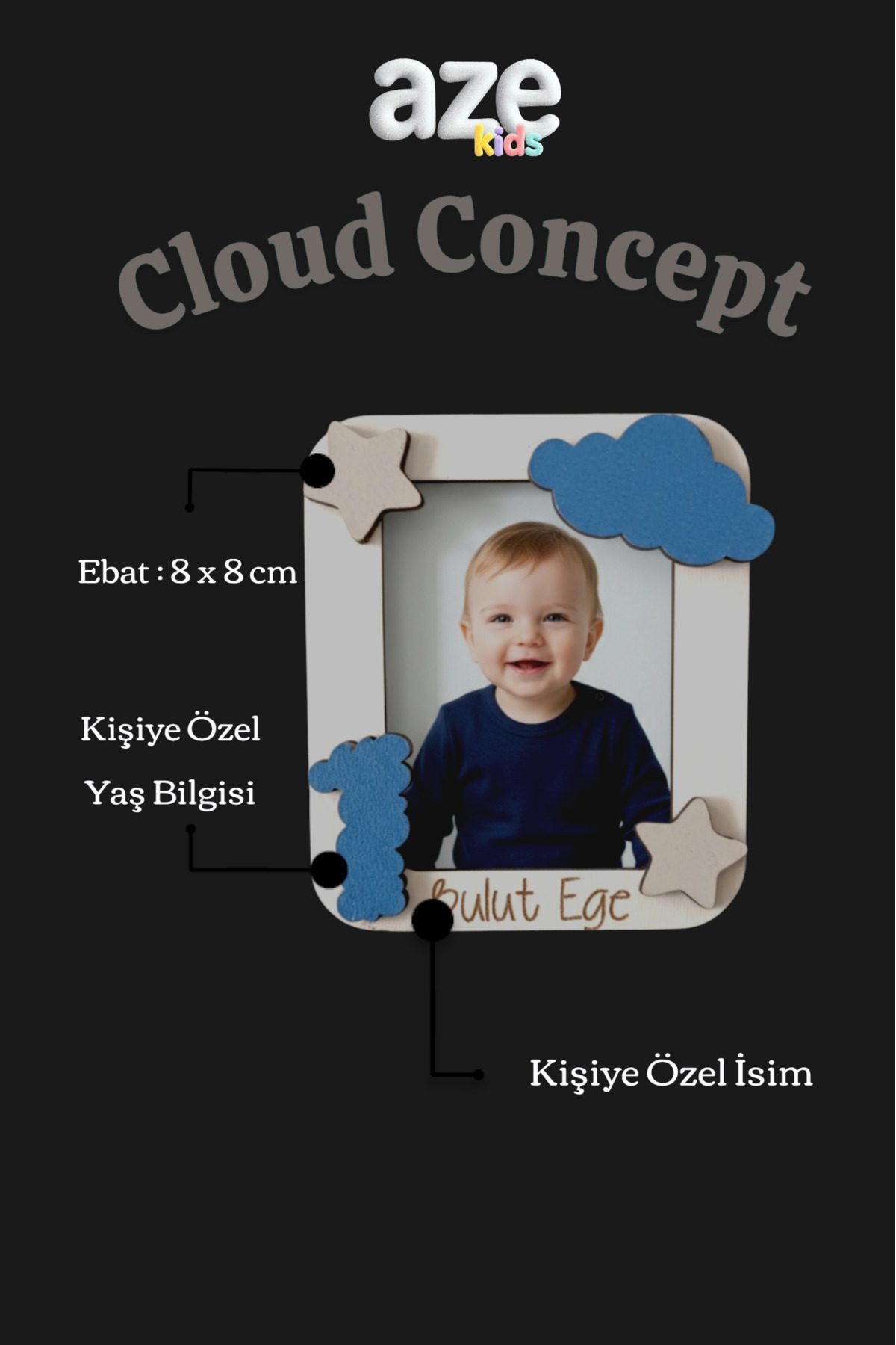 aze kids 1 Yaş Kişiye Özel Bulut Yıldız Temalı Magnet İsimli Bebek Doğum Günü Magneti 7x8 cm fotoğrafı 3 (önizleme)