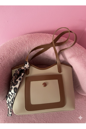 Butik Fular Detaylı Krem & Taba Kadın Omuz Çantası