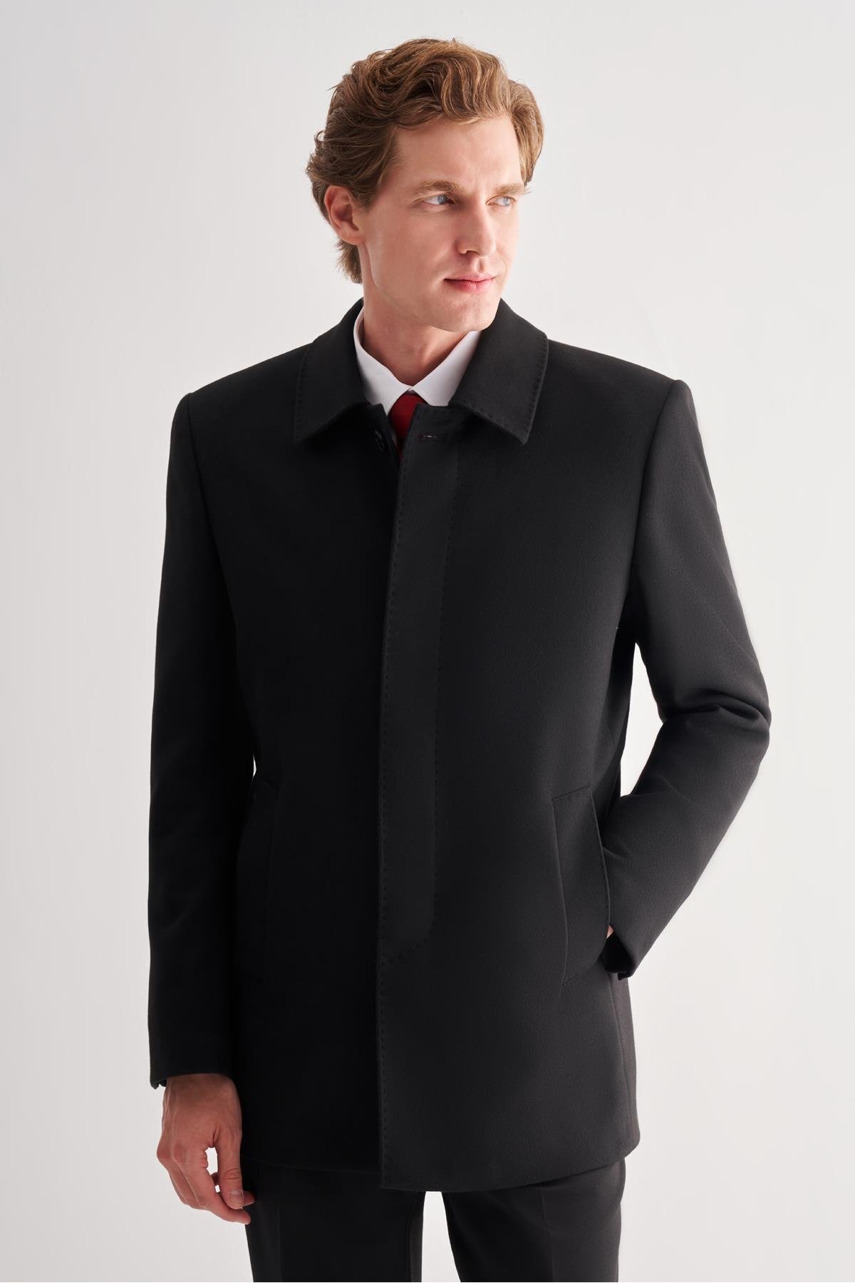 İmza  Siyah Kaşe Bebe Yaka Kapitoneli Astar Comfort Fit Rahat Kesim Klasik Kaban 1008245261 - Görsel 3