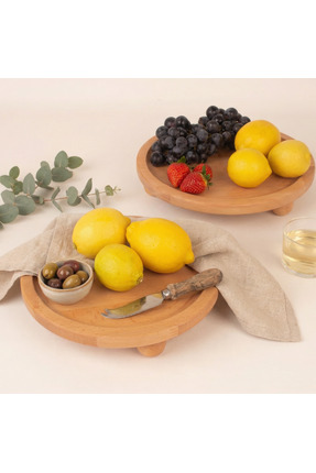 WOODHAUS Ayaklı Doğal Ahşap Sunum Tepsisi Seti 2’li – 24 cm & 28 cm Yuvarlak ...