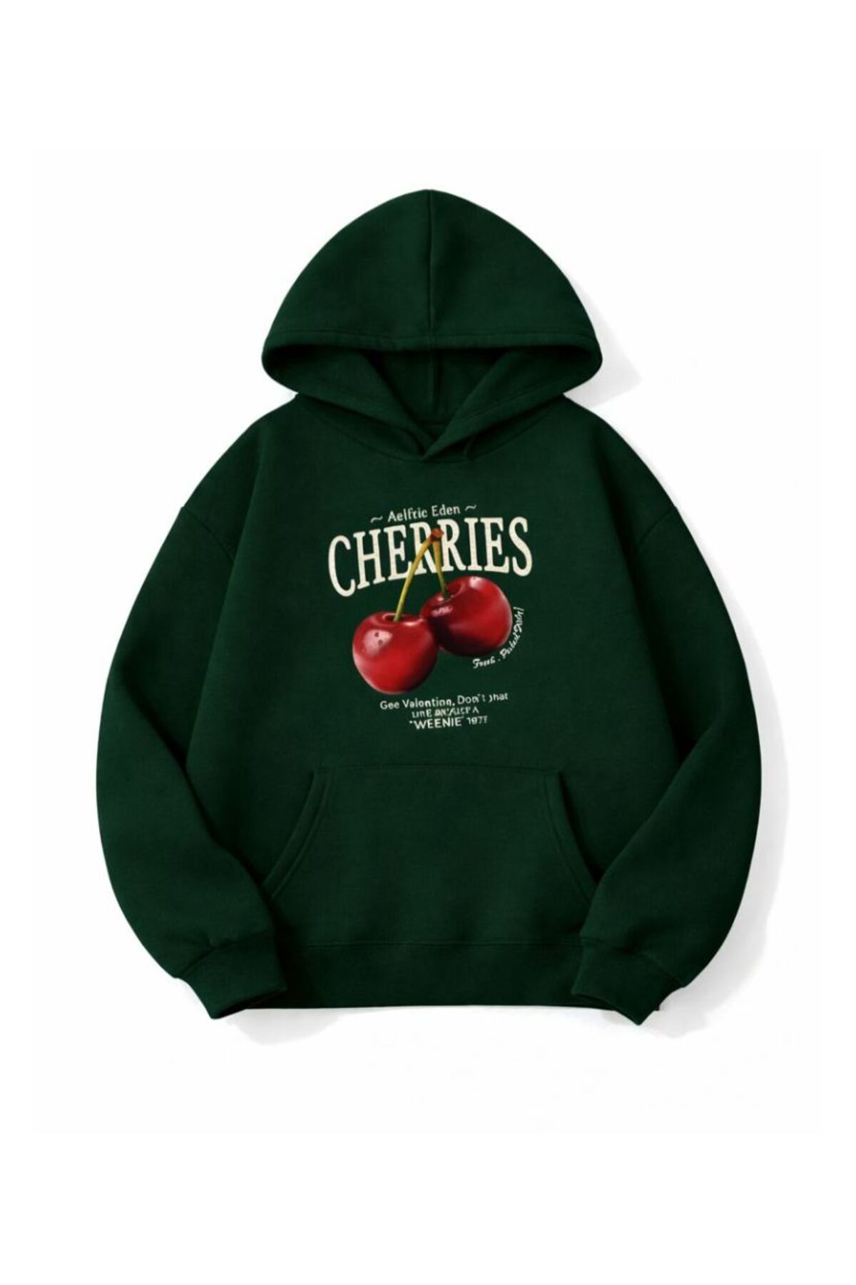 سویشرت کلاه‌دار بزرگ سایز CHERRIES مردانه/زنانه یونیسکس، طرح سفارشی و رنگارنگ از جنس پنبه — سبز CHERRIES-HOOD-COHERENT-