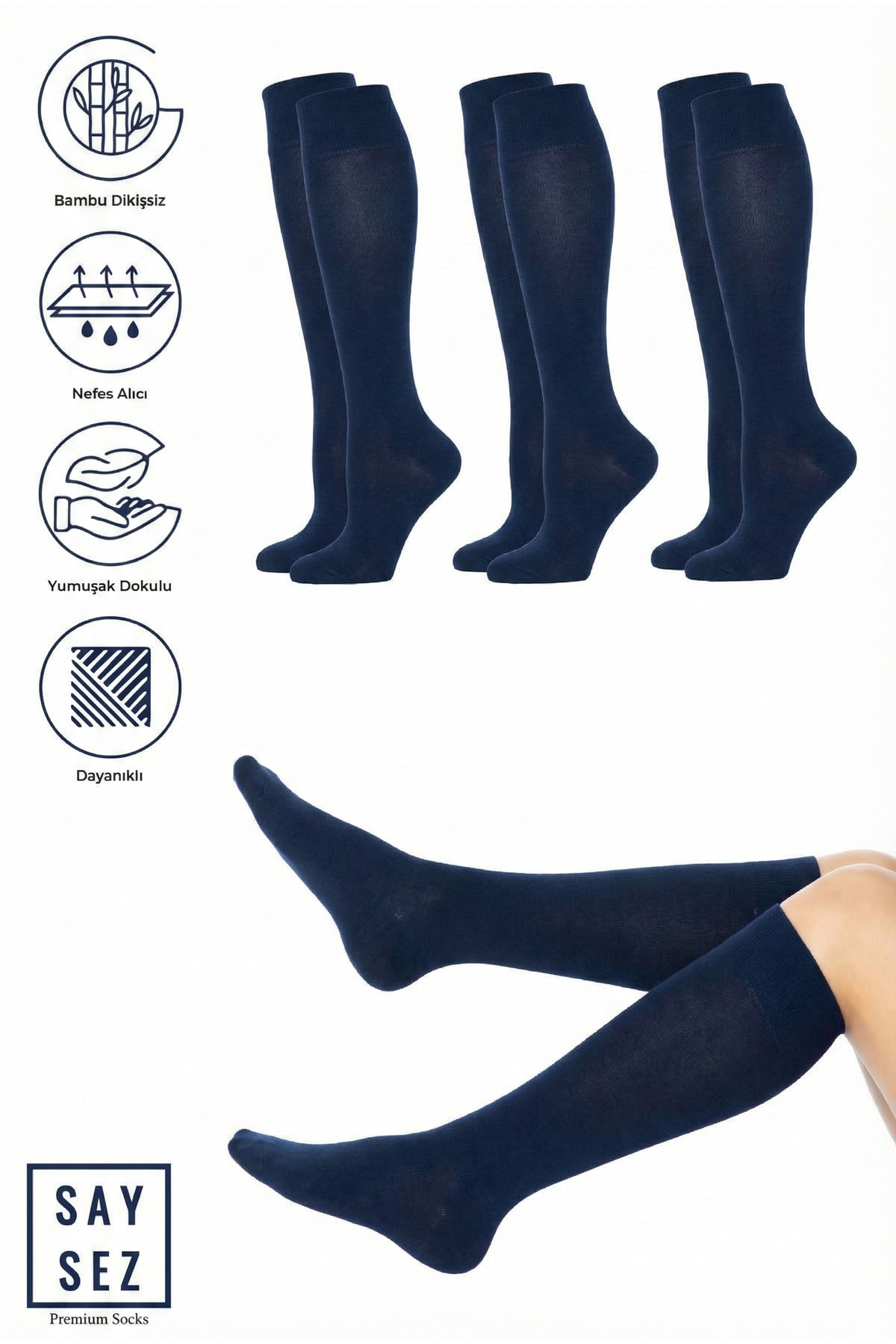 Bamboo Women's Knee-High Navy Long Seamless Socks 3-Pairs / Pants Socks /Skinless Socks