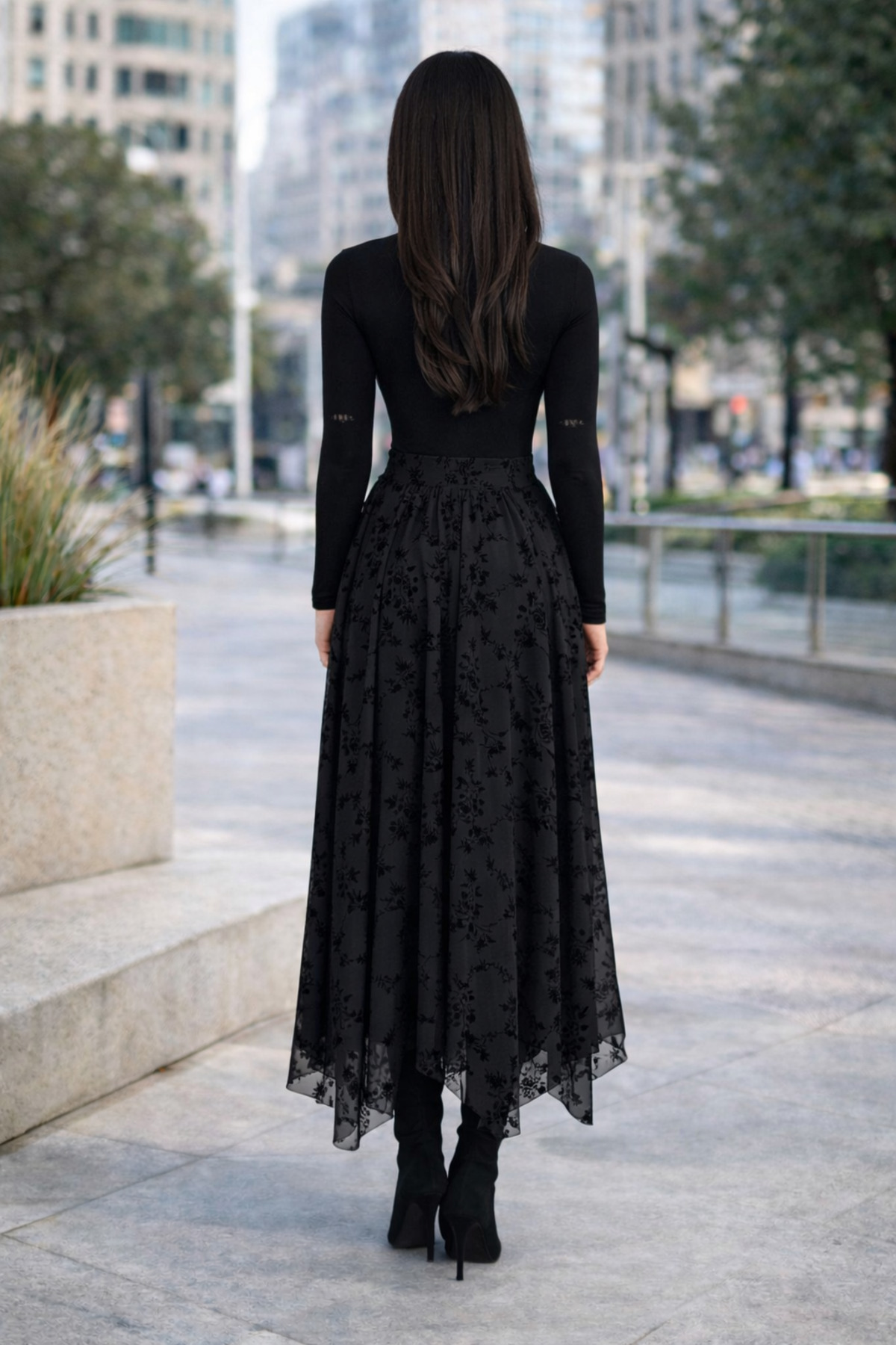 winmoda  Likralı Astarlı Flok Baskılı Tül Etek – Lastikli Bel, Günlük ve Tesettüre Uygun - Görsel 3