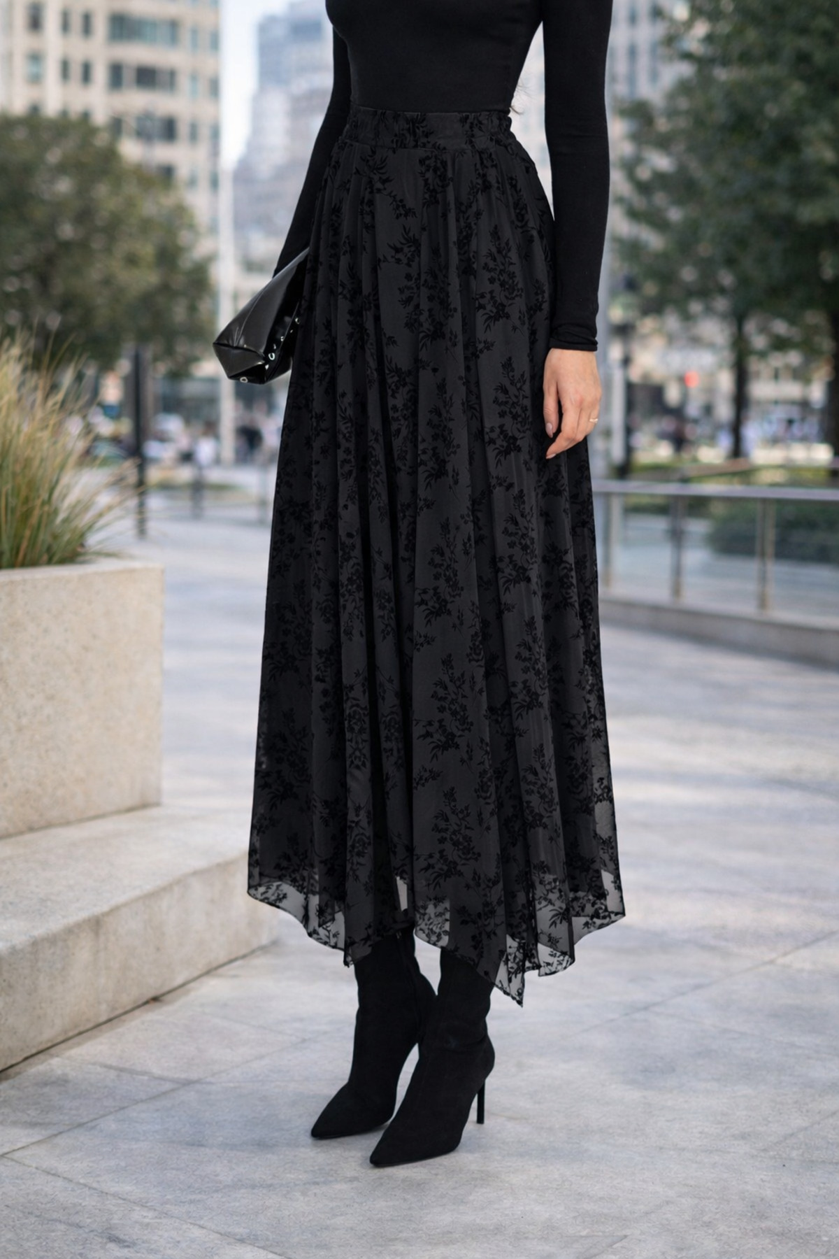 winmoda  Likralı Astarlı Flok Baskılı Tül Etek – Lastikli Bel, Günlük ve Tesettüre Uygun - Görsel 2