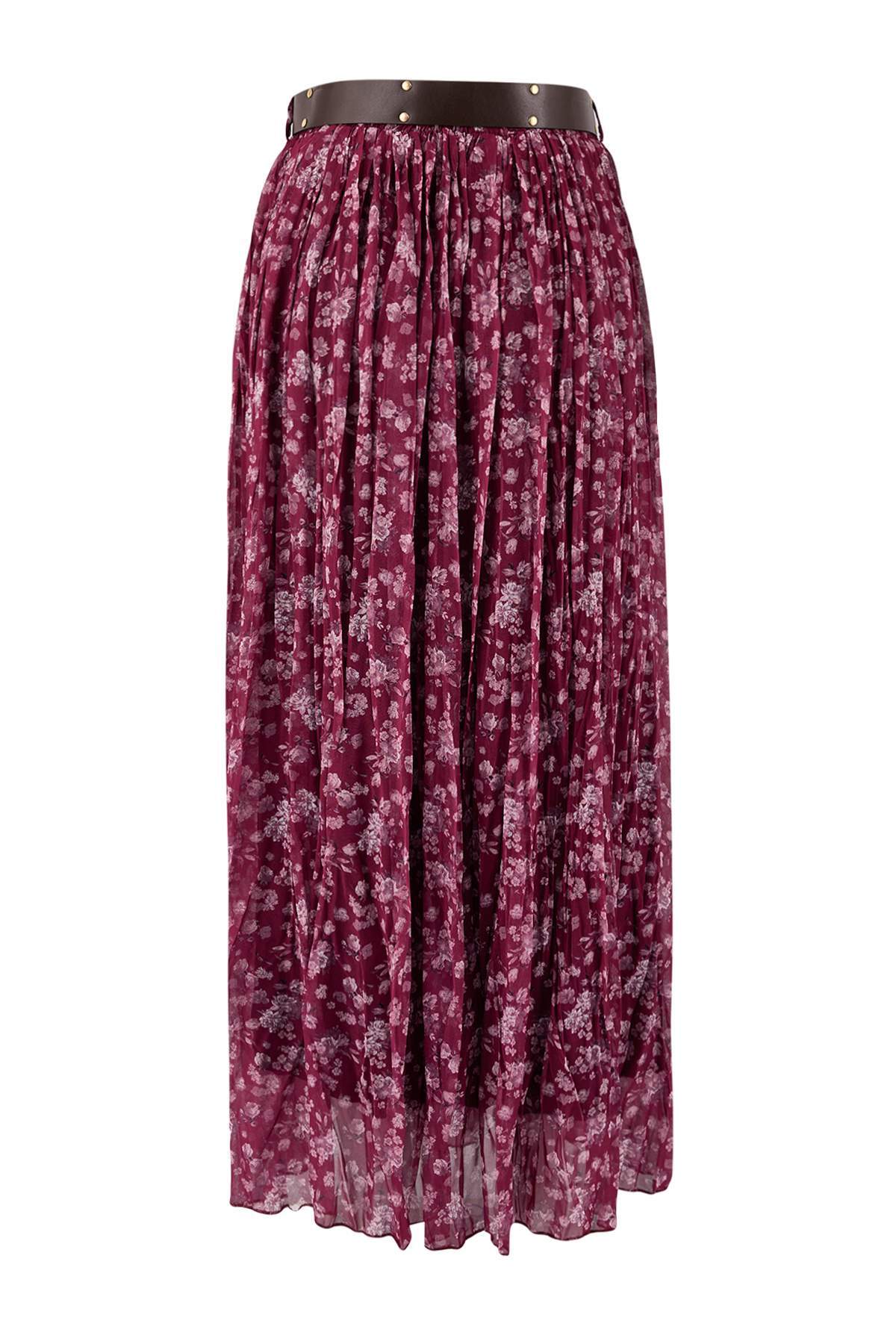 Trendyolmilla  Pembe Kemerli Çiçekli Şifon Kırışık Dokuma Uzun Etek TWOAW26ET00171 - Görsel 6