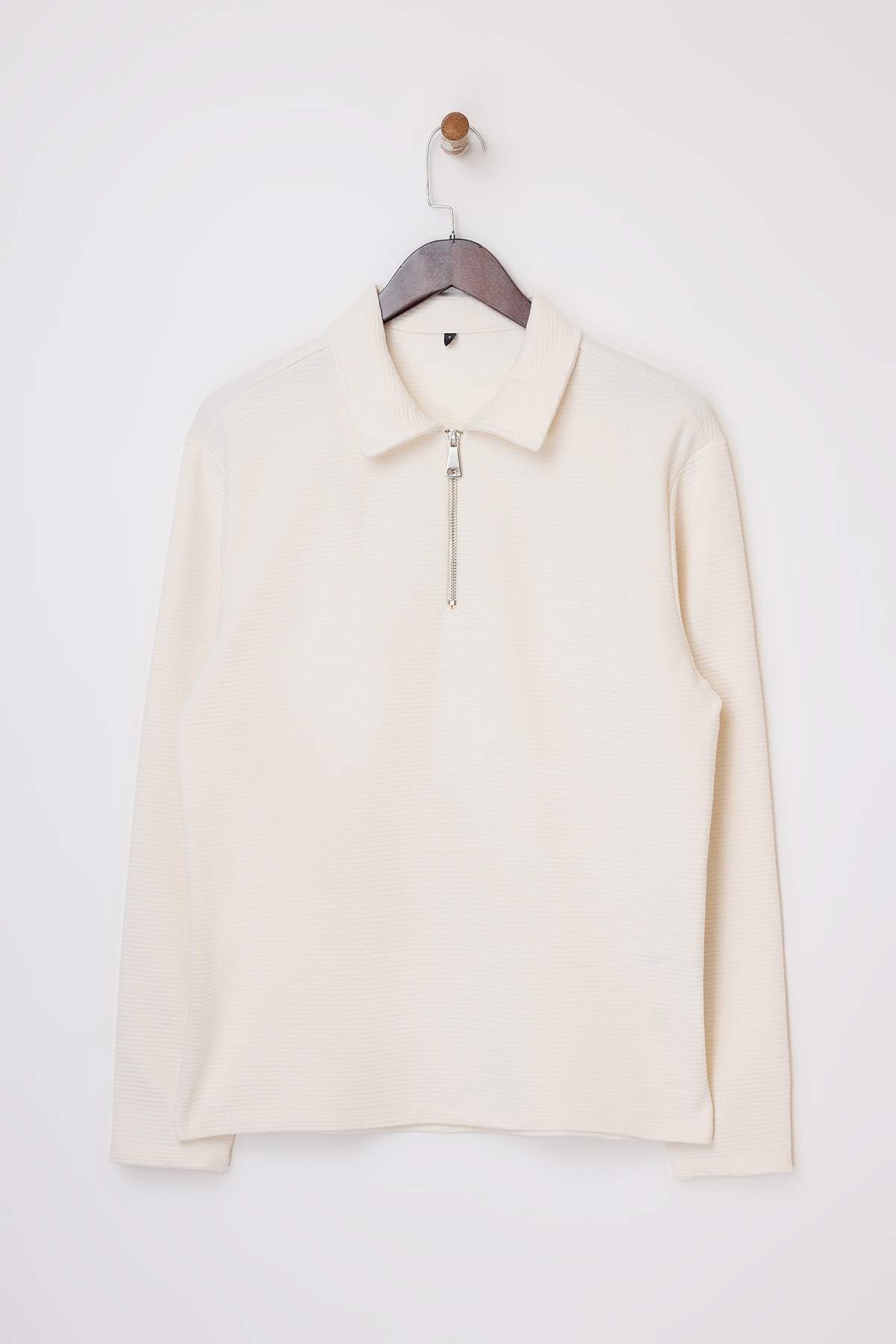 Trendyolmilla Man Ekru Loose Fit Dokulu Fermuarlı Uzun Kol Polo