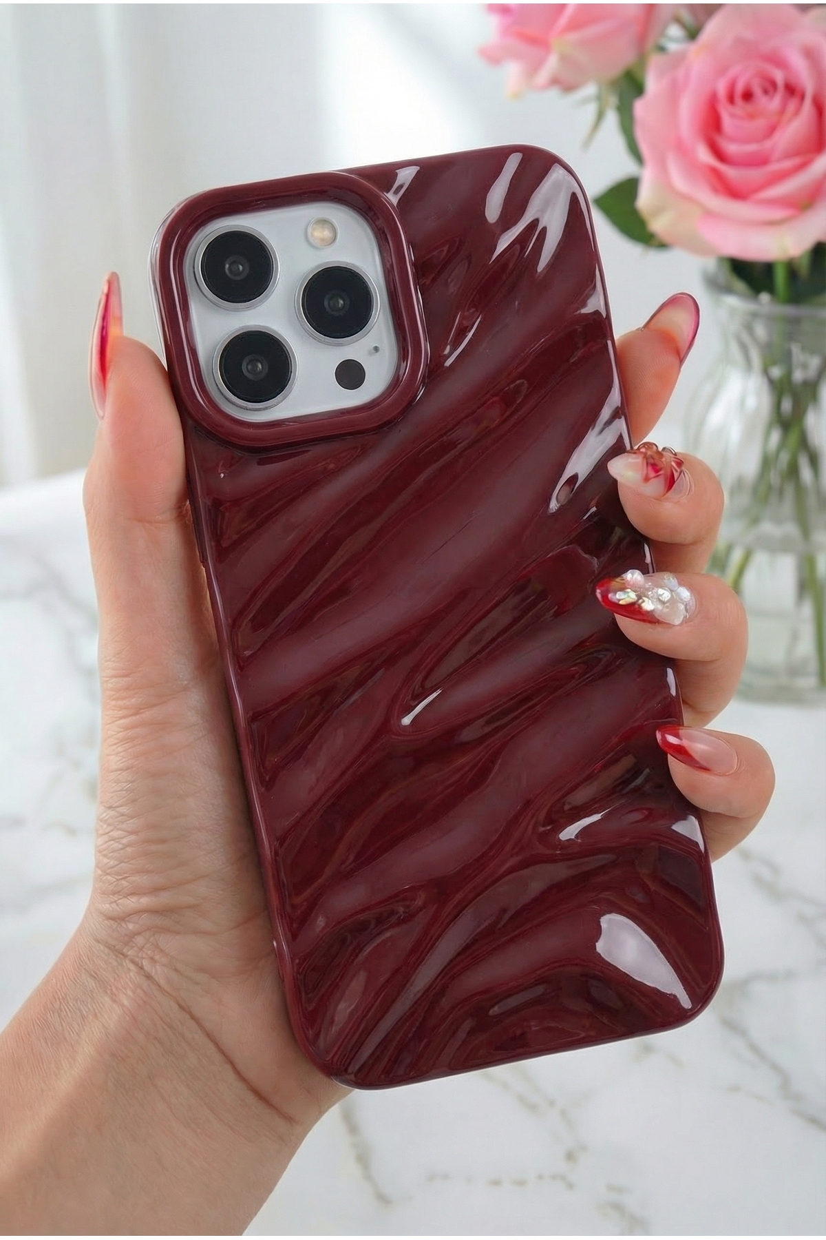 iPhone 16 Pro Max Case Gloss Embossed Wave Design Patterned Shock Absorbing Silicone Cover