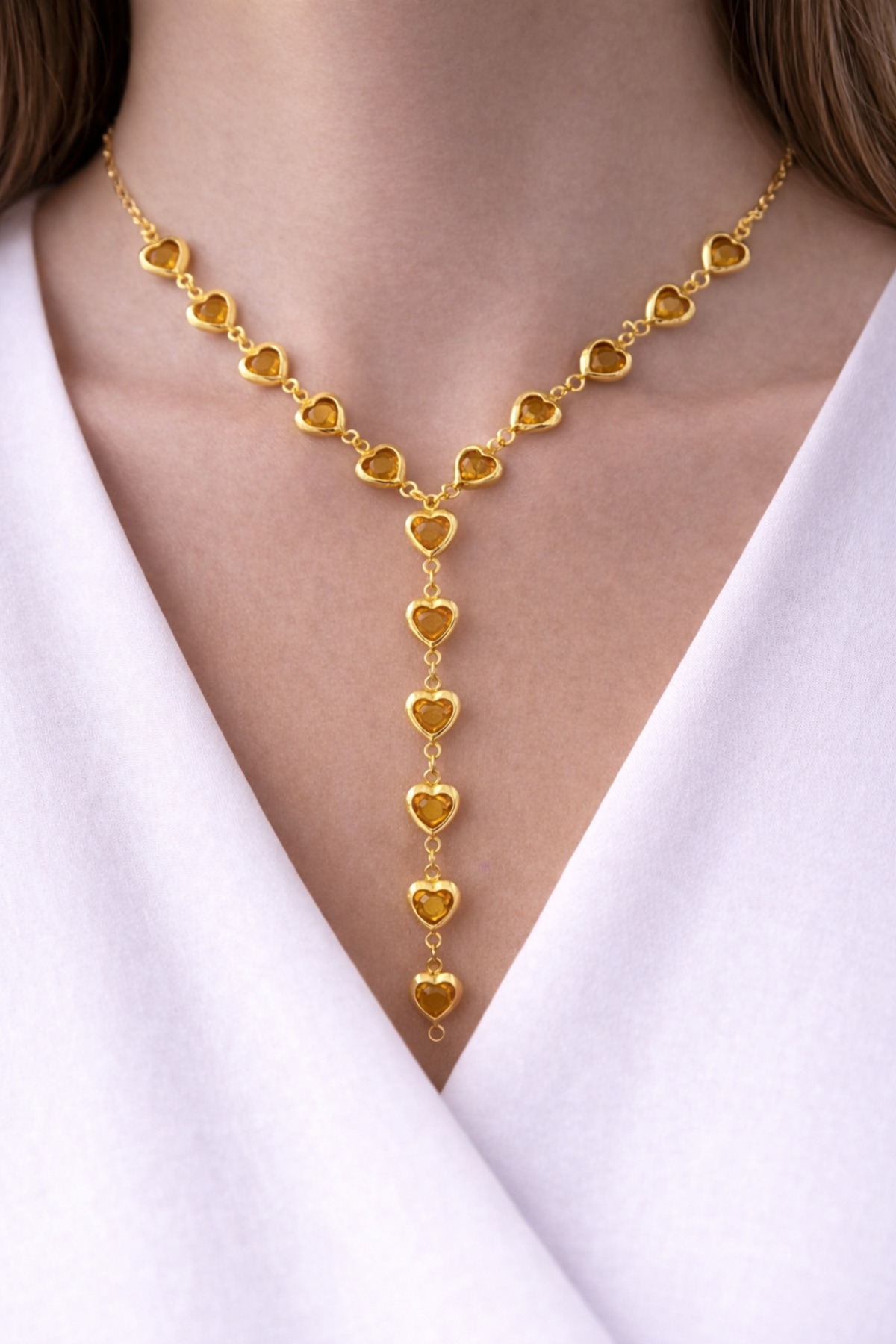 Women's Gold Color Custom Design Y Model Necklace with Zircon Gemstone
