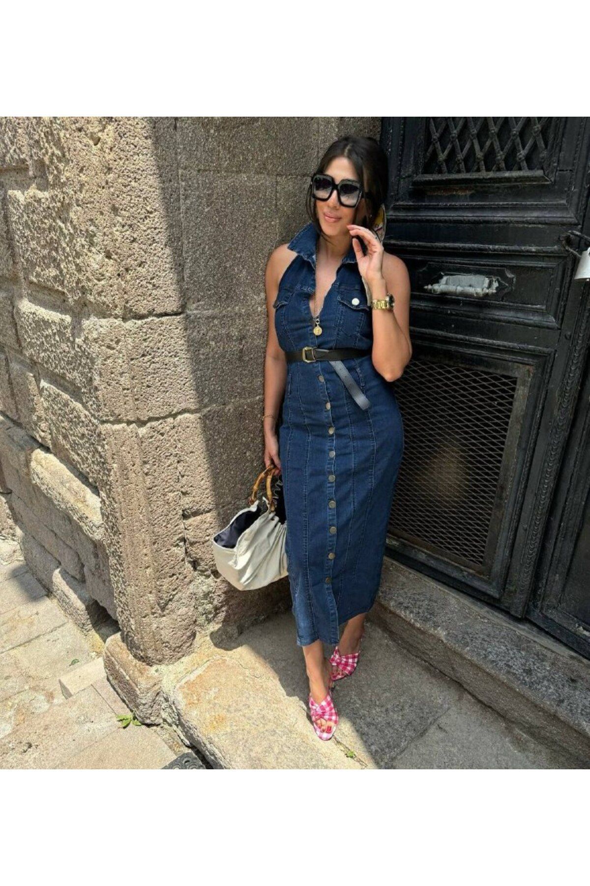 MADAME MELEK Belted Jeans Dress Denim Lycra Back Draped- Trendyol