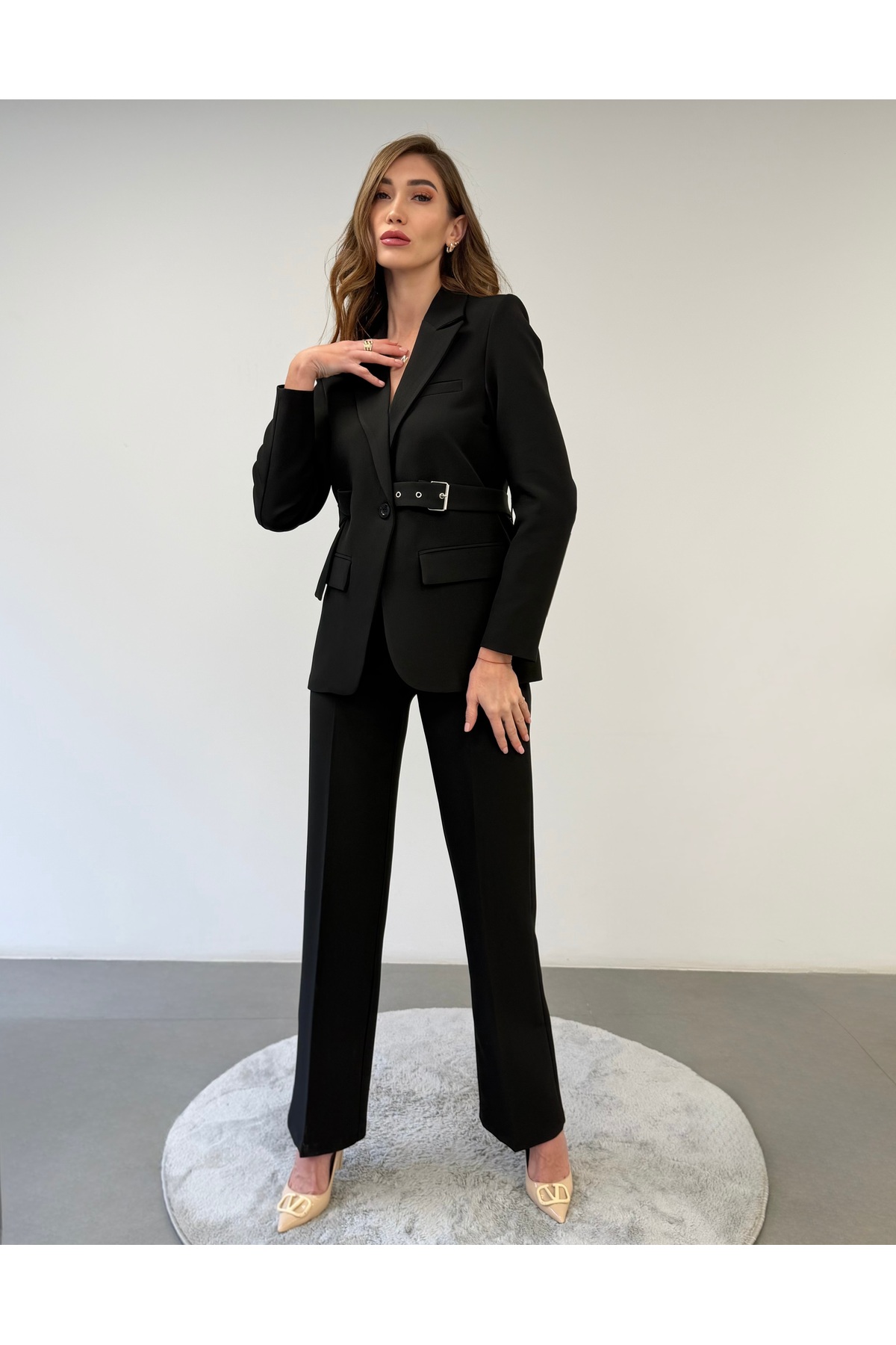 Belted Jacket Black Suit