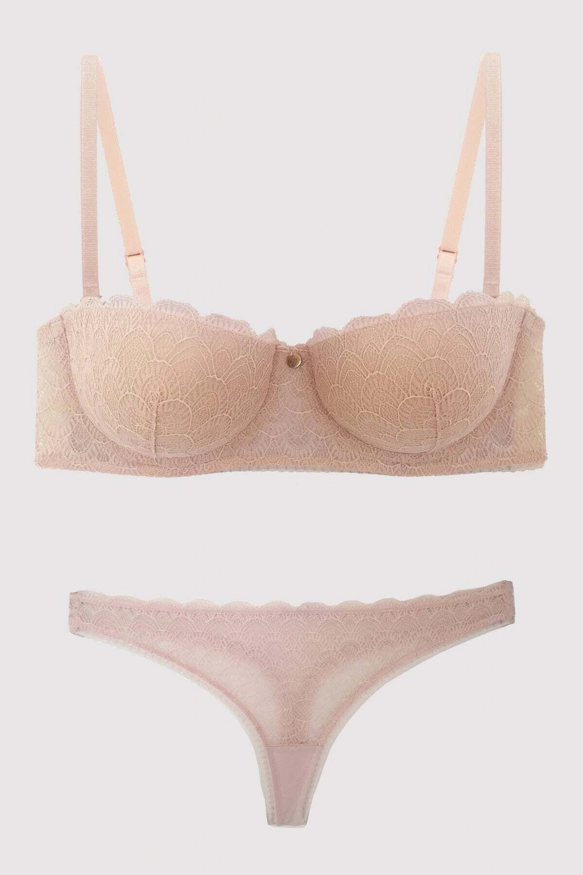 Pudra 4703 Verona Balenli Soft Push Up Dantel Straplez Fantezi Iç Çamaşır Takımı
