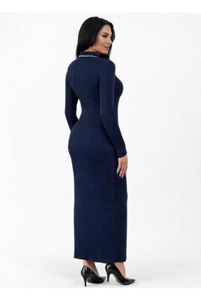 esma trend Kadın Uzun Elbise Fitilli Gömlek Yaka Ve Düğmeli Model