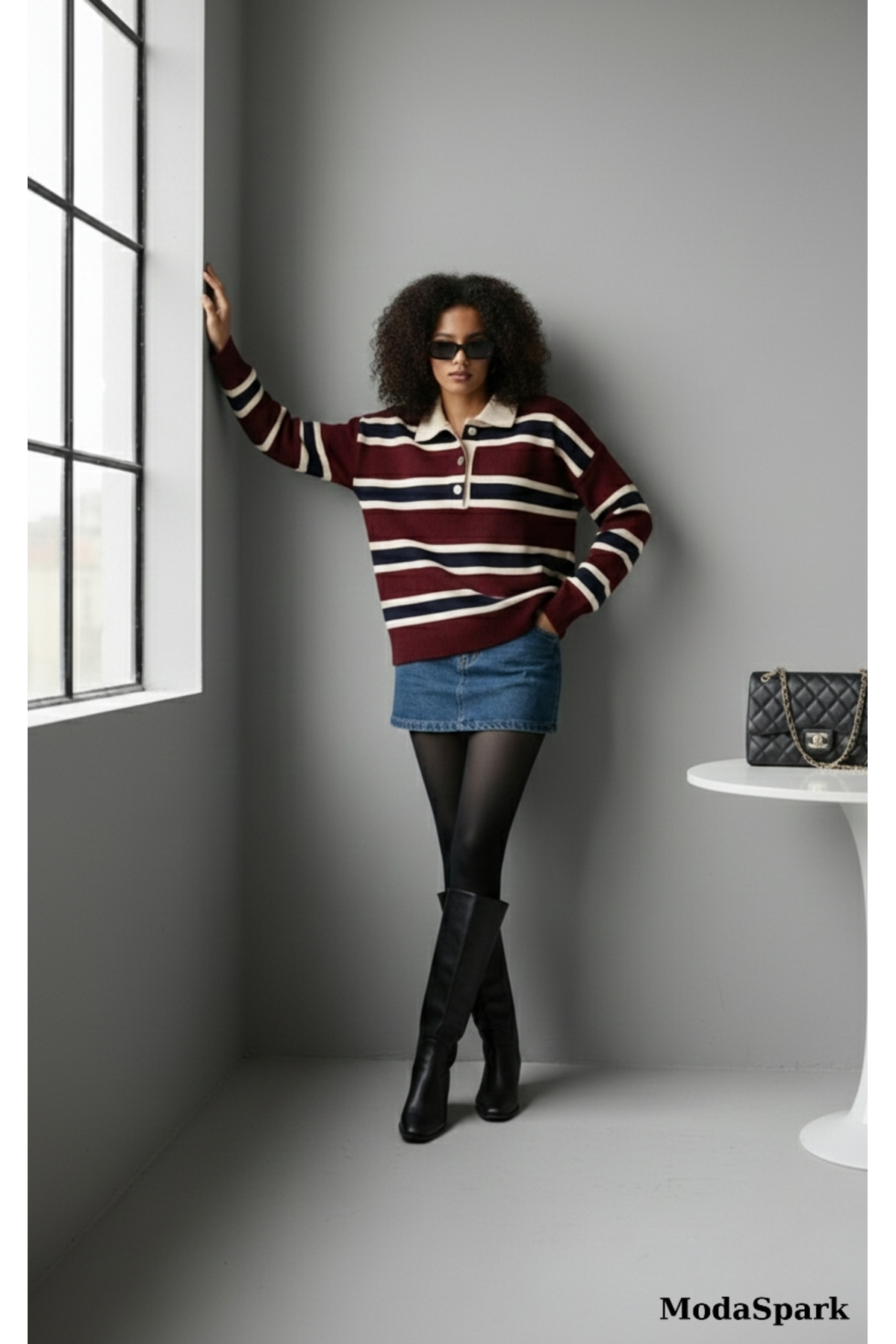 MODASPARK Жіночий трикотажний светр з поло-коміром на ґудзиках, бордовий у смужку