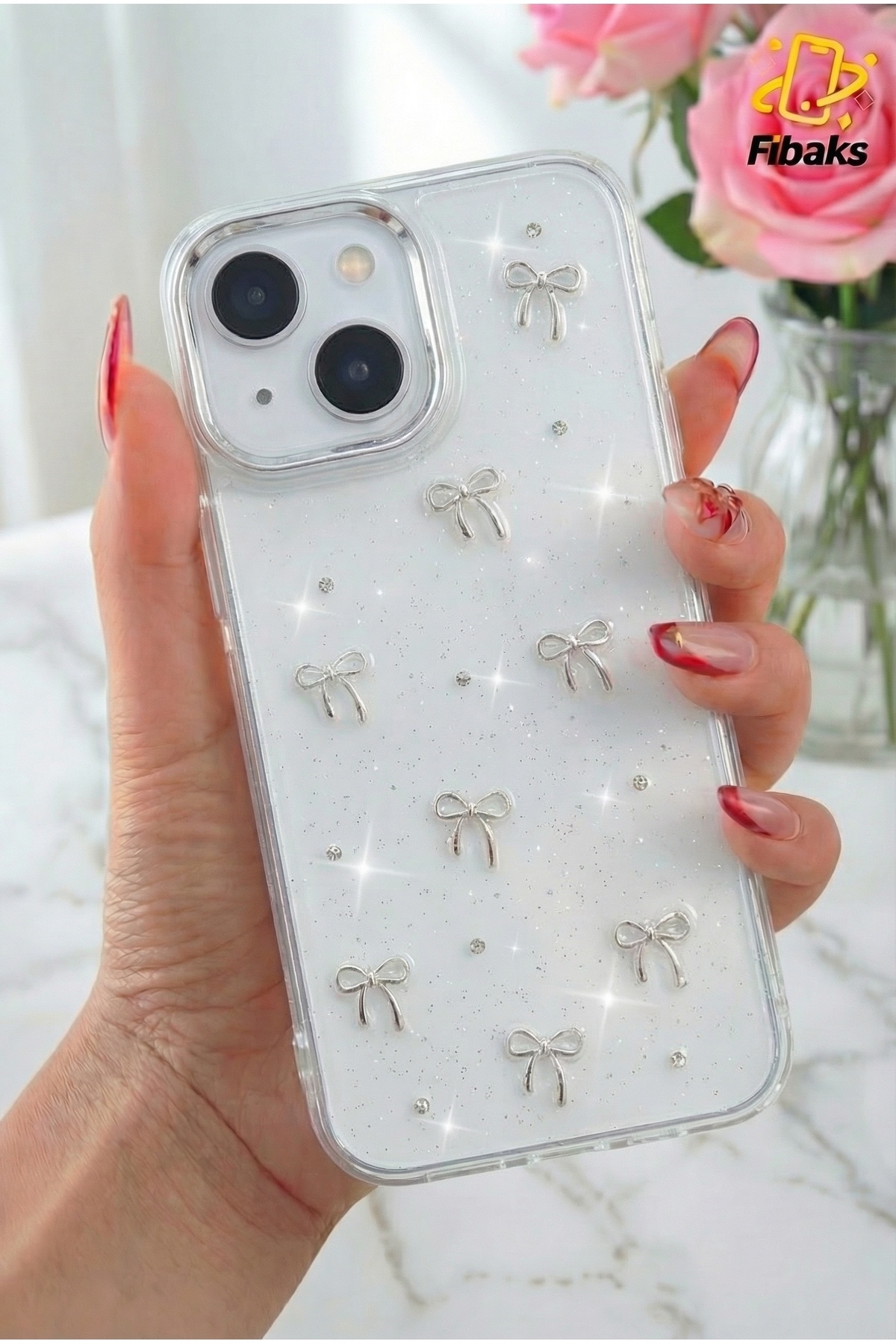 iPhone 14 Plus/15 Plus Case Bow Pattern Transparent Glitter Silver Camera Protruding Bright