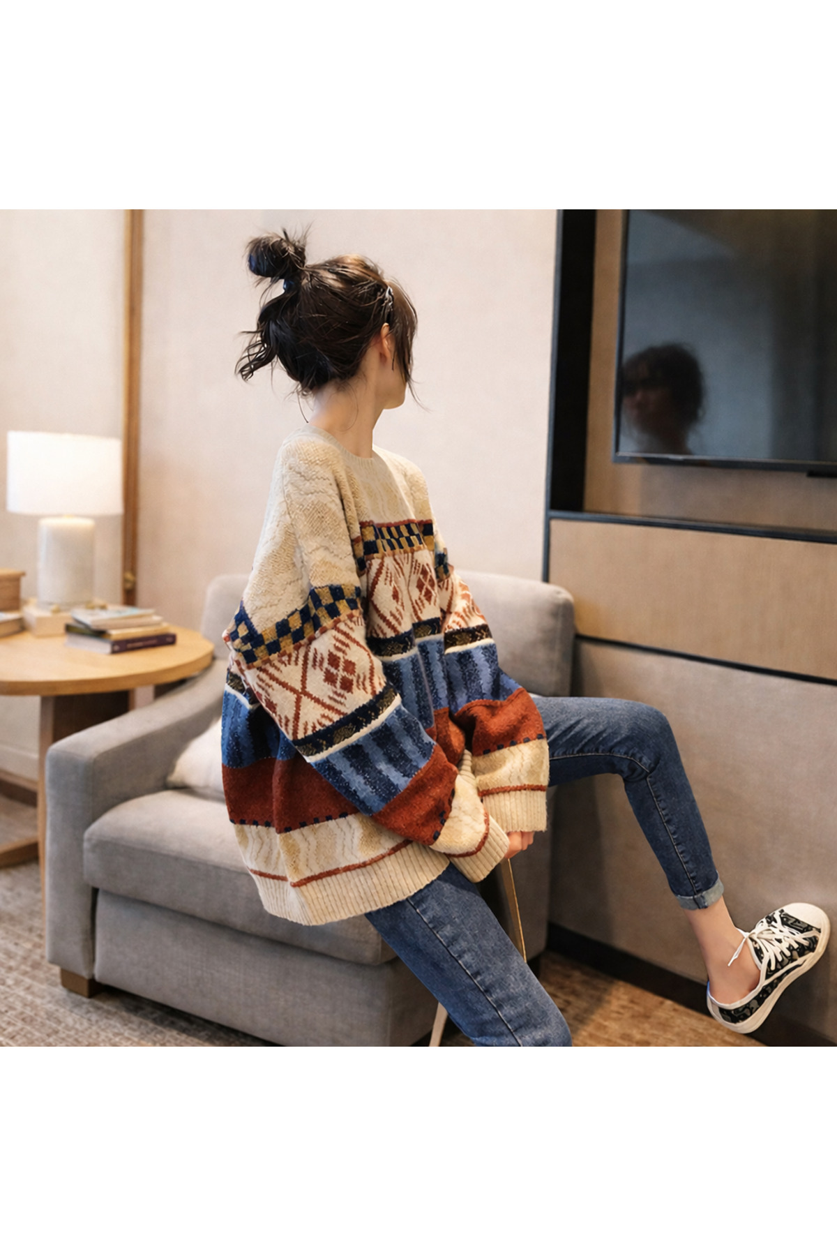 Gülce moda  Kadın Oversize Desenli Triko Kazak | Bohem Etnik Salaş Kışlık Kazak - Görsel 4