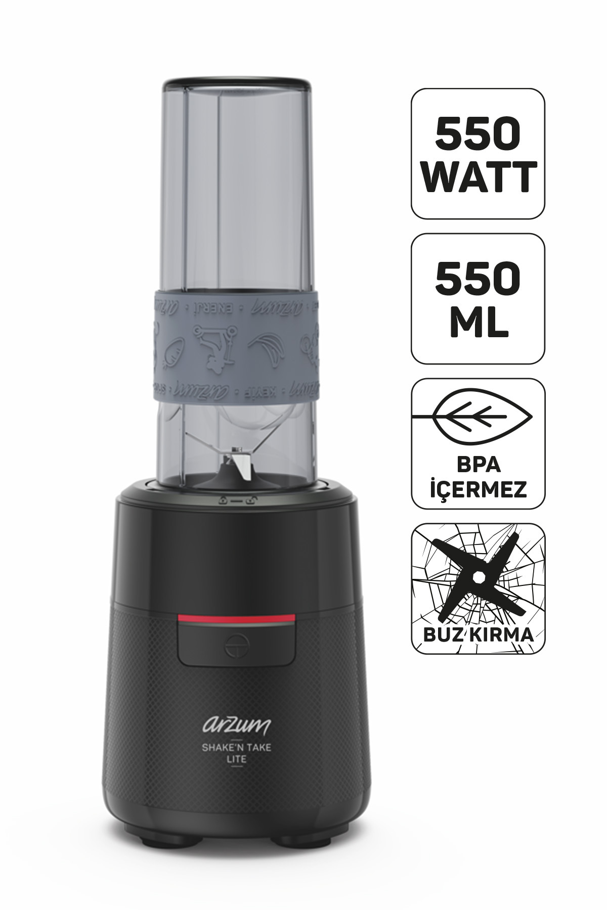 AR1191 Shake 'N Take Lite Personal Blender 550W, 550ml Portable Bottle, Ice Cracking, Black