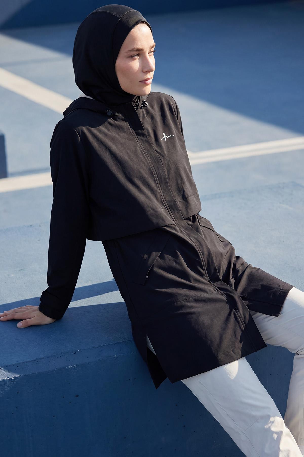 Haşema  Active H-Per Fit Kapüşonlu Siyah Tesettür Yürüyüş Ceketi ACT-42 - Görsel 2