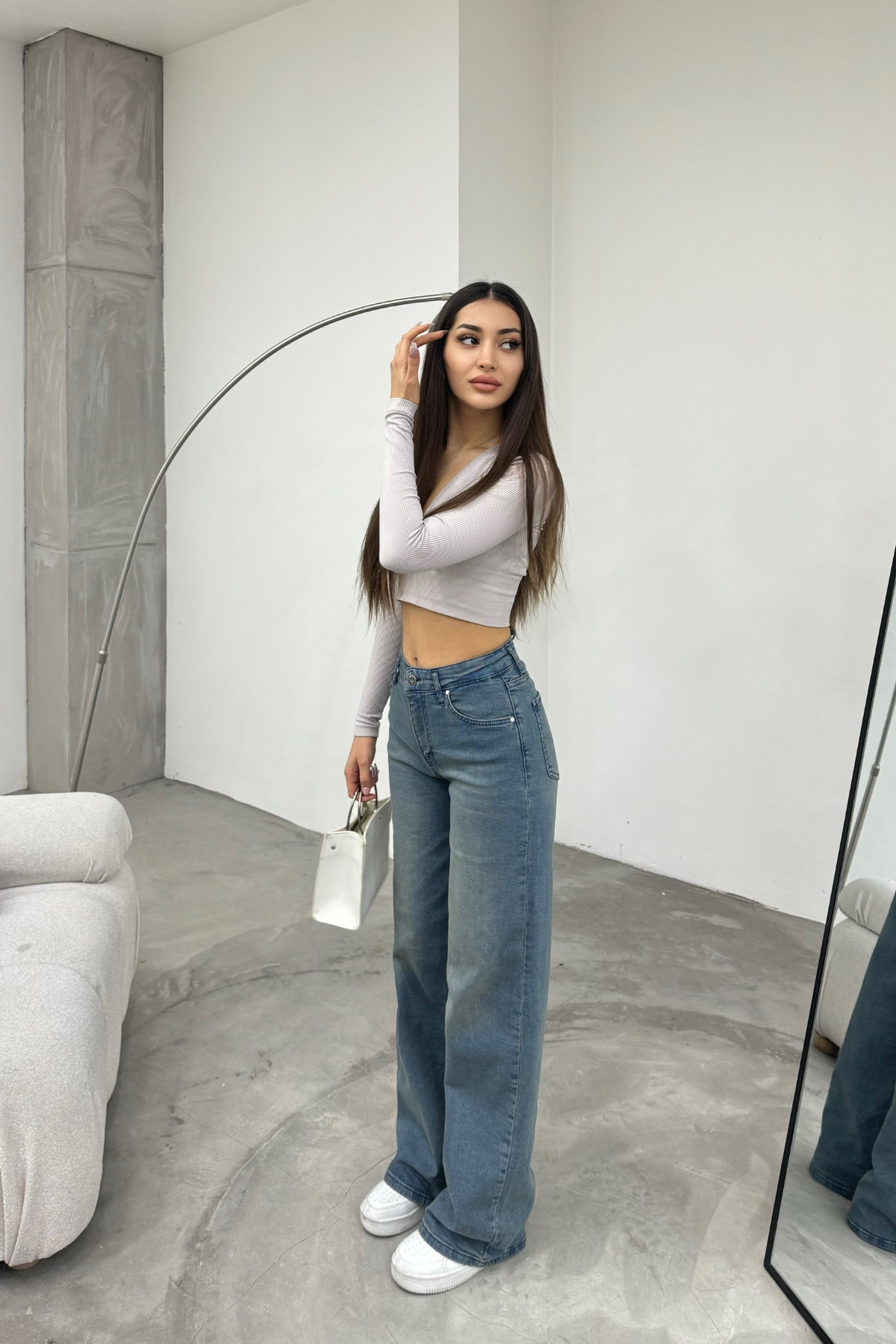 Kadın Soluk Efekt Vintage Yüksek Bel Wide Leg Jeans Efektli Mavi 5